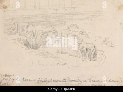 South West View of the Remains of the Crypt under the Dormitory in Dean's Yard Discovered in June, Attributed to John Carter, 1748–1817, British, 1815, Graphite on smooth, medium, white wove paper, Sheet: 6 1/4 × 8 3/4 inches (15.9 × 22.2 cm), architectural subject, City of Westminster, England, London, Palace of Westminster, United Kingdom Stock Photo