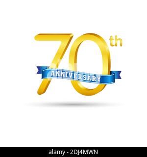 70th golden Anniversary logo with blue ribbon isolated on white background. 3d gold Anniversary logo Stock Vector