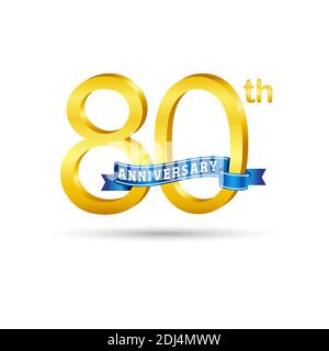 80th golden Anniversary logo with blue ribbon isolated on white background. 3d gold Anniversary logo Stock Vector