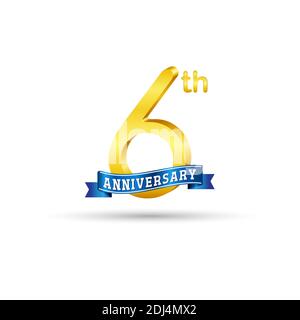 6th golden Anniversary logo with blue ribbon isolated on white background. 3d gold Anniversary logo Stock Vector