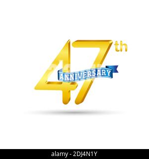 47th golden Anniversary logo with blue ribbon isolated on white background. 3d gold Anniversary logo Stock Vector