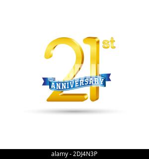 21th golden Anniversary logo with blue ribbon isolated on white background. 3d gold Anniversary logo Stock Vector
