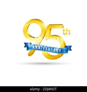 95th golden Anniversary logo with blue ribbon isolated on white background. 3d gold Anniversary logo Stock Vector