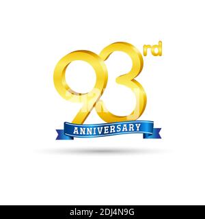 93rd golden Anniversary logo with blue ribbon isolated on white background. 3d gold Anniversary logo Stock Vector