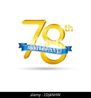 78th golden Anniversary logo with blue ribbon isolated on white background. 3d gold Anniversary logo Stock Vector