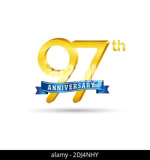 97th golden Anniversary logo with blue ribbon isolated on white background. 3d gold Anniversary logo Stock Vector