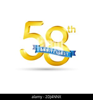 58th golden Anniversary logo with blue ribbon isolated on white background. 3d gold Anniversary logo Stock Vector