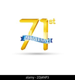 71st golden Anniversary logo with blue ribbon isolated on white background. 3d gold Anniversary logo Stock Vector