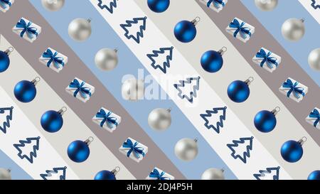 Abstract background of many christmas decorations on multicolored stripes Stock Photo