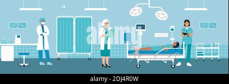 Surgery operating in hospital vector illustration. Cartoon medical workers team standing near hospitalized character lying in bed in modern surgical ward room interior, doctor checkup background Stock Vector