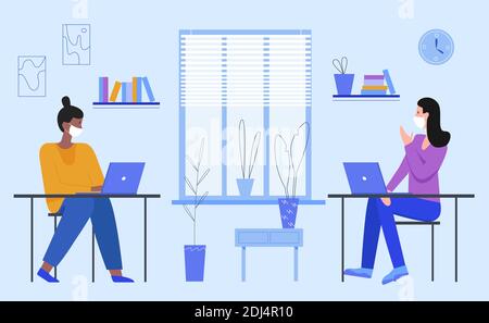 Business people with masks working vector illustration. Cartoon businesswoman characters sitting at desks with laptops and communicating, office workers wearing face medical masks isolated on white Stock Vector
