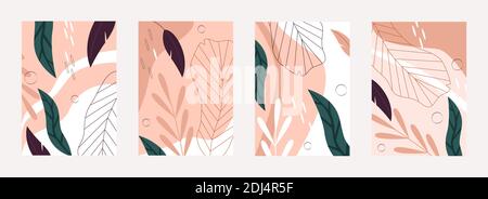Tropical leaves nature pattern vector illustration set. Abstract floral palm tree leaf in line art style, summer exotic jungle rainforest plants, botanical natural textures background collection Stock Vector
