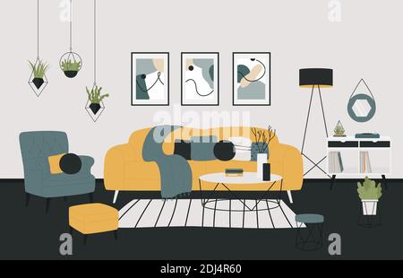 Scandinavian minimalistic style home cozy living room vector illustration. Trendy furnished stylish interior design with decoration Stock Vector