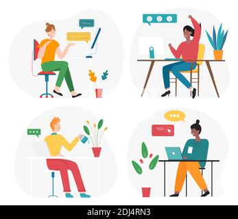 People office workers sitting at table vector illustration set. Cartoon employee characters working online with computer or laptop on workplace desk, communicating in office interior isolated on white Stock Vector