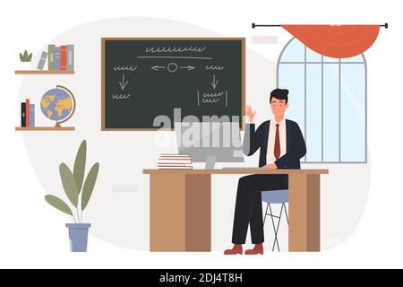 Teacher man working in blackboard class vector illustration. Cartoon male school or college teacher character sitting at table with laptop and waving in classroom chalkboard interior isolated on white Stock Vector