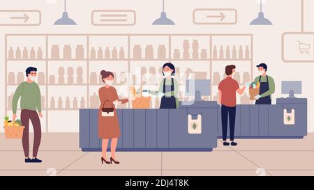 People with medical masks buy food product in supermarket vector illustration. Cartoon man woman buyers characters distancing in queue at cashier of grocery store or shop, social distance background Stock Vector