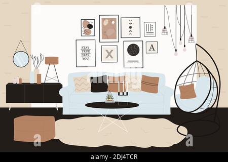 Scandinavian room interior vector illustration. Cartoon trendy living room interior design and cozy house furniture with sofa with pillows, carpet on floor, table with decoration candles background Stock Vector