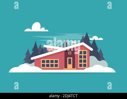 Winter mountain landscape with big house for tourists. Winter holidays in the mountains, ski resorts, house rentals. Vector flat illustration Stock Vector