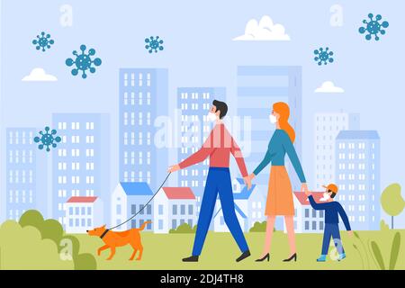 Family people with face protective masks walk in city summer park vector illustration. Cartoon mother, father and son kid characters walking with pet dog, wearing masks to protect against coronavirus Stock Vector