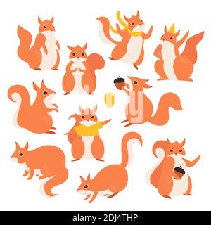Squirrel vector illustration set. Cartoon cute funny furry squirrel characters collection, fluffy wild animals holding acorn or birthday balloon, wearing holiday hat and jumping isolated on white Stock Vector