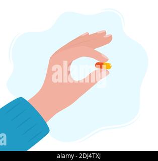 Human hand holding pill between fingers vector illustration in flat style. Medication treatment, pharmacy and medicine, concept vector illustration Stock Vector