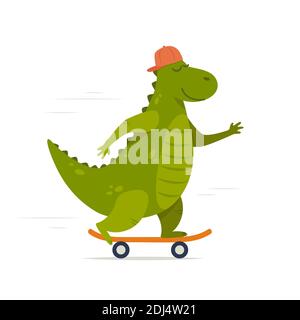 Cute dinosaur rides on skateboard. Tyrannosaur skateboarder Stock Vector