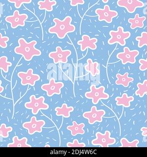 Vector seamless pattern with abstract blooming flowers on blue background. Design for textile or wallpaper. Stock Vector