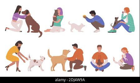 Pet owners people vector illustration set. Cartoon young man woman characters hug, hold in hands and love best friend dog or cat, play with own animals in fun game, happy friendship isolated on white Stock Vector