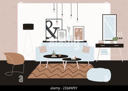 Stylish comfy furniture and home decorations in Scandinavian hygge style vector illustration. Cartoon trendy furnished living room interior home apartment with cozy sofa, comfy furniture background Stock Vector