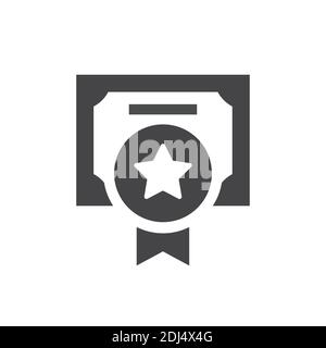 Quality certificate black vector icon. Diploma document with star award badge symbol. Stock Vector