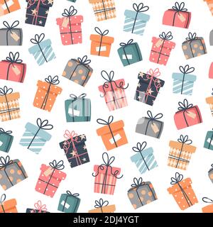 Christmas seamless pattern with gifts and snowflakes, vector illustration in flat style Stock Vector