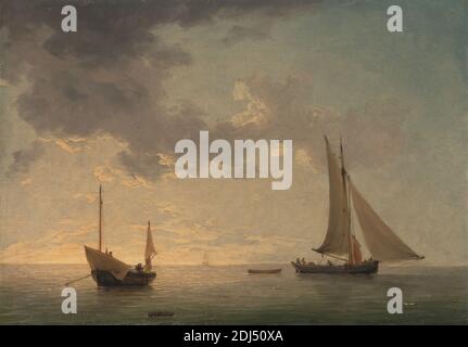A Lugger and a Smack in Light Airs, Charles Brooking, 1723–1759, British, ca. 1750, Oil on copper, Support (PTG): 7 x 10 inches (17.8 x 25.4 cm), boats, fishing boats, light, luggers, marine art, sailboat, sea, seascape Stock Photo