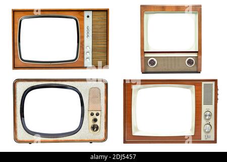 Vintage TV set collection with blank screen isolated on white background Stock Photo