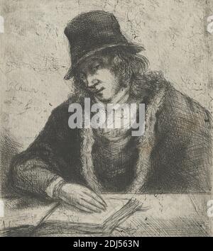 Portrait of a Man with Hat, Print made by John James Chalon, 1778–1854, French, active in Britain, 1792, Etching on medium, slightly textured, gray laid paper, Sheet: 5 9/16 x 4 15/16 inches (14.2 x 12.6 cm), book, collar, fur coat, hat, long hair, man, nose, portrait, reading Stock Photo