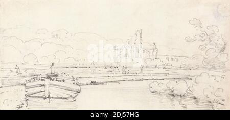 Kirkstall Abbey, Yorkshire, Thomas Girtin, 1775–1802, British, ca. 1801, Graphite on medium, slightly textured, cream, antique laid paper, Sheet: 3 15/16 x 8 1/16 inches (10 x 20.5 cm), abbey, boats, landscape, river, trees, water, Aire, England, Europe, Kirkstall, Kirkstall Abbey, United Kingdom, Yorkshire Stock Photo