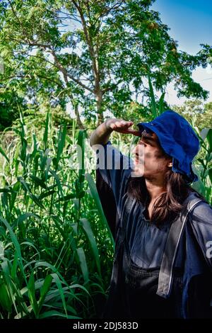 young farmer standing in field and looks into the distance Stock Photo