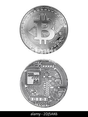 Silver bitcoin heads and tails isolated on white background. Cryptocurrency golden coin bitcoin symbol Stock Photo