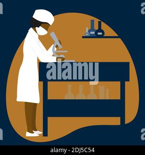 Woman scientist is looking through a microscope in chemical laboratory. Female involved science, research. Vector illustration Stock Vector