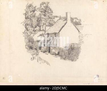 A Cottage, Robert Polhill Bevan, 1865–1925, British, undated, Black chalk on medium, cream, slightly textured laid paper, Sheet: 13 3/4 x 17 inches (34.9 x 43.2 cm), architectural subject, cottage, house, landscape, trees Stock Photo