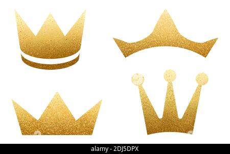 Set of golden crowns with glitters isolated on white. Shiny texture. Glossy effect. Sparkling diadem vector illustration Stock Vector