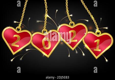 Vector illustration of red hearts on chain with number 2021 isolated on black background. Hanging tags in shiny golden framed. New year 2021 badges with firework typography concept. Happy NYE design. Stock Vector