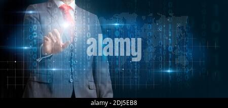 Businessman touching a virtual screen with big data statistics and business analytics concept. Binary code Information on virtual screen. Mixed media Stock Photo