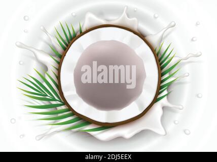 Broken coconut in milk splash and drops realistic vector, half coco nut with green palm leaves, on white wavy background, top view. Design element for food packaging, natural organic cosmetics. Stock Vector