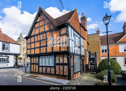 Part of the timbered Spread Eagle Hotel, an historic coaching inn dating from 1430 in South Street, Midhurst, West Sussex Stock Photo