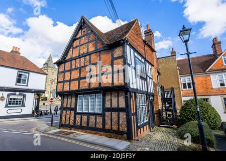 Part of the timbered Spread Eagle Hotel, an historic coaching inn dating from 1430 in South Street, Midhurst, West Sussex Stock Photo