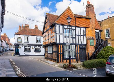 Part of the Spread Eagle Hotel, an historic coaching inn dating from 1430, in South Street, and the Swan Inn in Red Lion Street, Midhurst, West Sussex Stock Photo