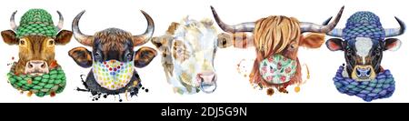 Cute border from watercolor portraits of bulls. For t-shirt graphics. Watercolor bulls illustration Stock Photo