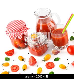 Tomato juice, ketchup and tomato isolated on white background. Flat lay, top view. Stock Photo