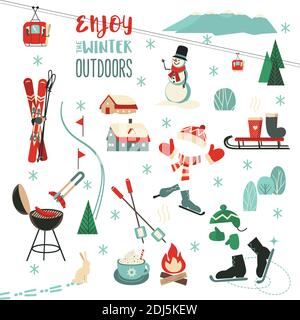 Winter Outdoors Leisure Fun activity vector icon collection Stock Vector