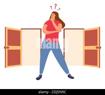 Two Entrance Choice Woman With Question Mark Choosing Between Two Doors Flat Vector Illustration Solution Opportunities Dilemma Concept For Banner Stock Vector Image Art Alamy